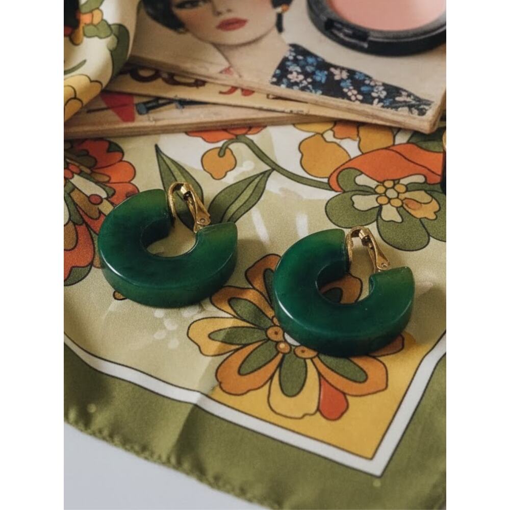 Vintage Bakelite Clip On Earrings Green